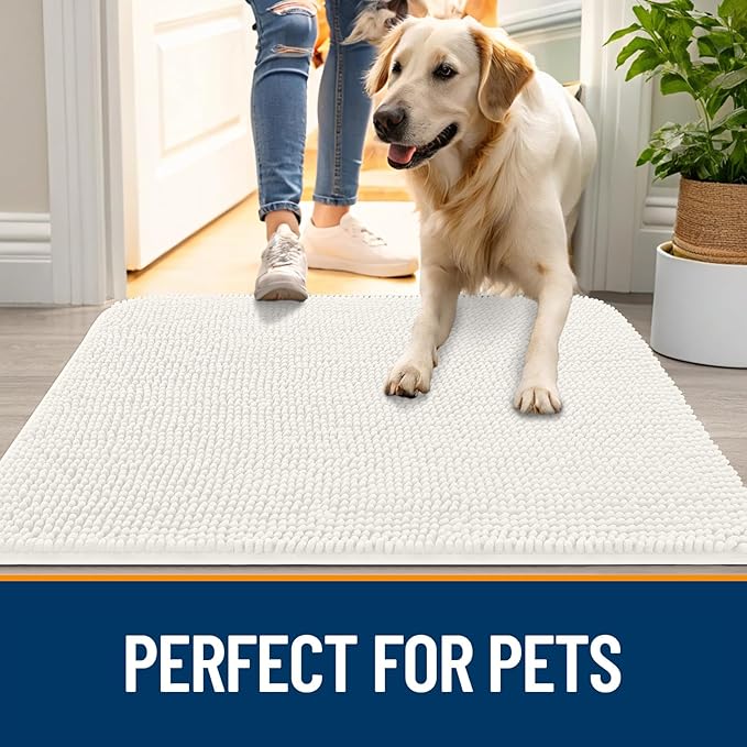 OLANLY Dog Door Mat for Muddy Paws 48x30, Absorbs Moisture and Dirt, Absorbent Non-Slip Washable Doormat, Quick Dry Chenille Mud Mat for Dogs, Entry Indoor Entryway Carpet for Inside Floor, Ivory