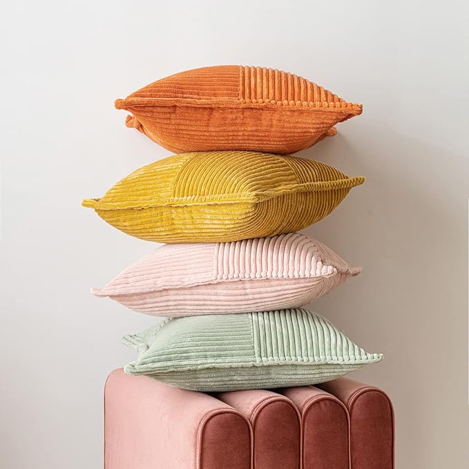 MIULEE Decorative Throw Pillow Covers for Couch Bed Livingroom 18x18 Inch Set of 2 Fall Mustard Yellow Boho Accent Throw Pllows Broadside Striped Patchwork Soft Corduroy Pillowcases