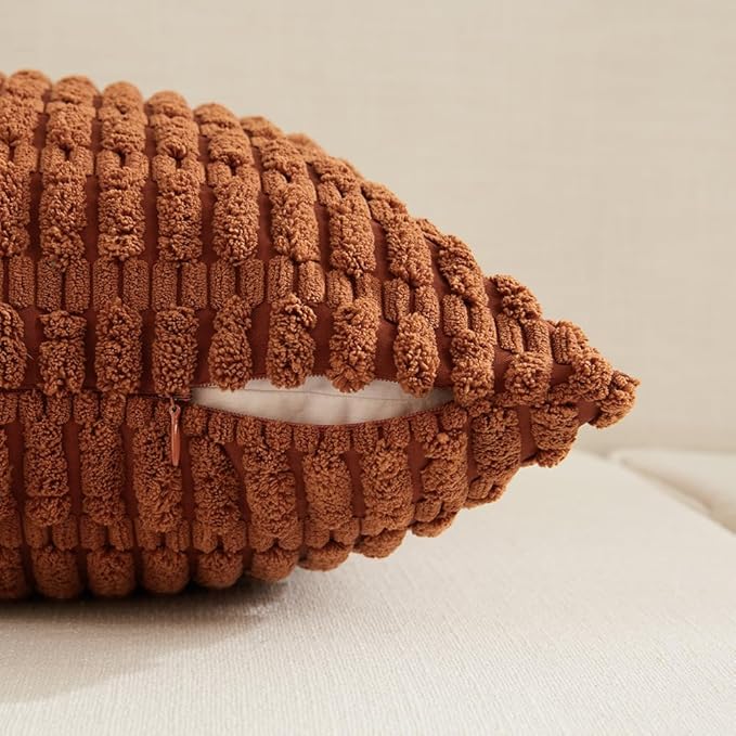 Fancy Homi 4 Packs Rust Decorative Throw Pillow Covers 22x22 Inch for Living Room Couch Bed Sofa, Terracotta Rustic Farmhouse Boho Home Decor, Soft Plush Striped Corduroy Square Cushion Case 55x55 cm