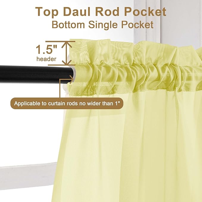 Chyhomenyc Sheer Lemon Curtains 90 inches Long 2 Panels, Light Filtering Soft Airy Solid Elegant Voile Window Treatment Drapes for Bedroom Living Room, 42Wx90L Inches