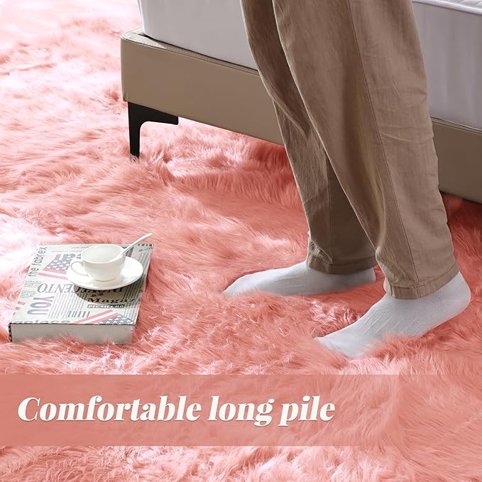 ORINOVA Pink Washable Fluffy Round Rugs for Bedroom Girls Shag Faux Sheepskin Fuzzy Fur Rugs for Living Room Circle Area Rug for Kids Round Rug 5ft
