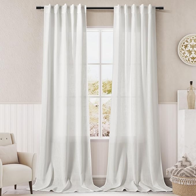Off White Semi Sheer Linen Curtains 90 inch Length for Living Room Back Tab Rod Pocket Modern Farmhouse Coastal Decor White Cotton Textured Gauze Curtains 90 inches Long for Dining Room Office