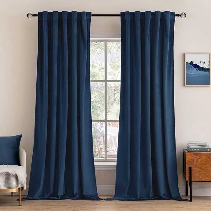 MIULEE Velvet Curtains 108 inches - Luxury Blackout Curtains for Bedroom Living Room Thermal Insulated Super Soft Window Drapes Rod Pocket & Back Tab, Navy Blue, W52 x L108 inches, 2 Panels