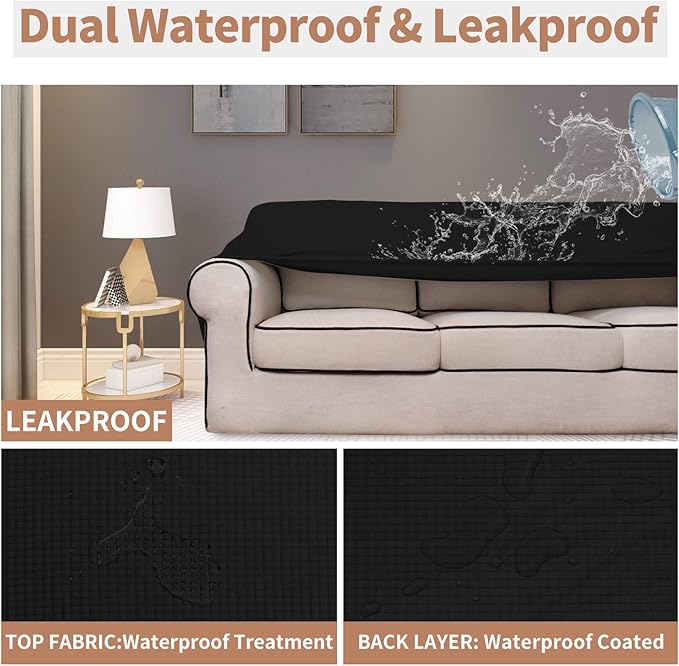 Easy-Going 100% Waterproof Oversized Loveseat Couch Cover, Dual Waterproof Sofa Cover, Stretch Jacquard Sofa Slipcover, Leakproof Furniture Protector for Kids, Pets, Dog and Cat, Black