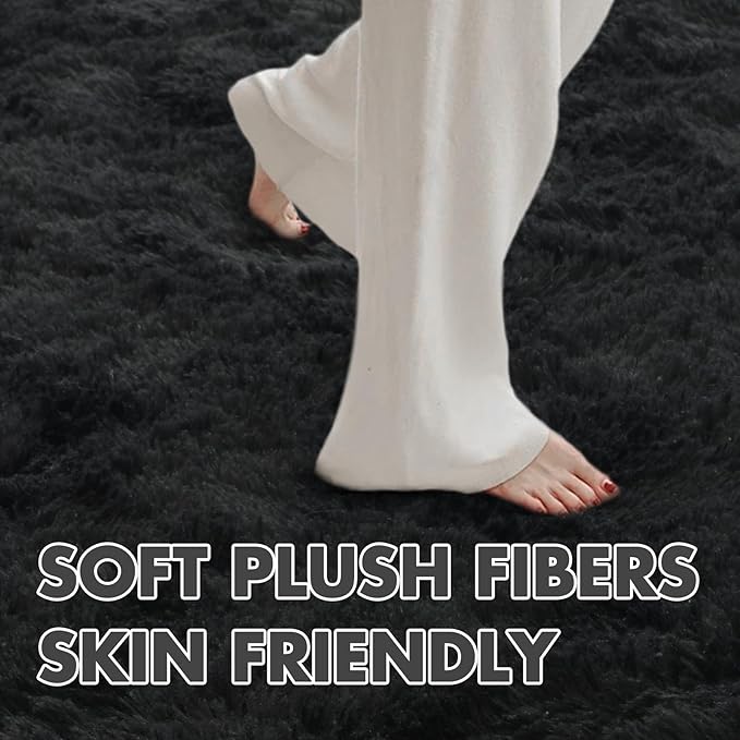 8x10 Ft Large Shag Black Rug for Living Room, Ultra Soft Fluffy Furry Area Rugs for Bedroom Indoor Floor, Aesthetic Carpet for Kids Home Decor