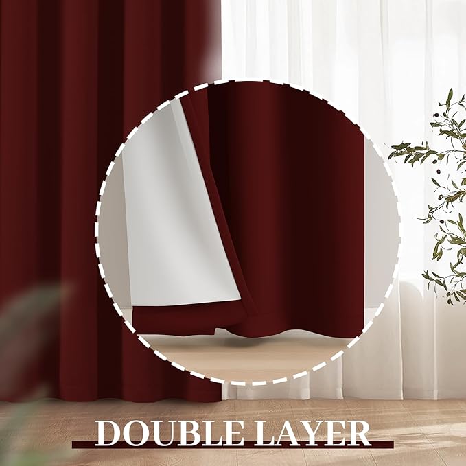 Yakamok Room Darkening 100% Blackout Curtains Grommet Window Treatments with 2 Thick Layers-Burgundy Red Thermal Insulated Drapes Set of 2 Panels for Bedroom Living Room 52 Inches by 96 Inches Length