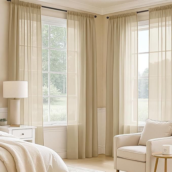 MIULEE Beige Sheer Curtains 90 Inches Long, 4 Panels Set, Rod Pocket Voile Drapes Light Filtering and Semi Transparent, Elegant Window Treatments for Bedroom Living Room,54 x 90 Inches