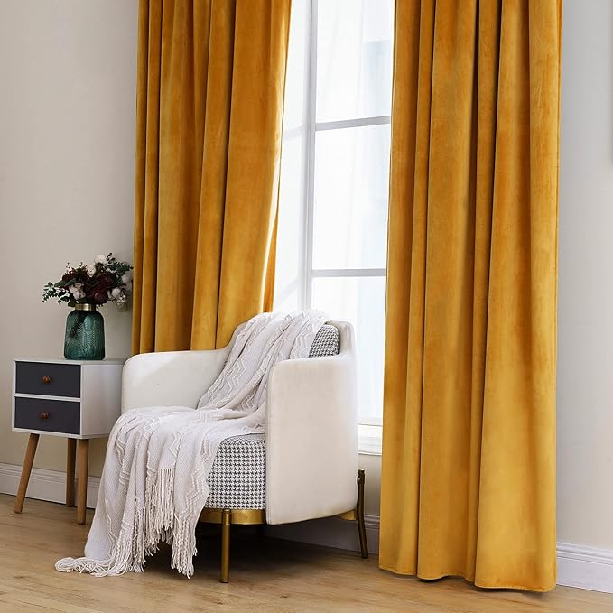 MIULEE Velvet Curtains 90 inches 2 Panels - Luxury Blackout Curtains for Bedroom Living Room Thermal Insulated Fall Decor Super Soft Elegant Window Drapes Rod Pocket & Back Tab, Mustard Yellow