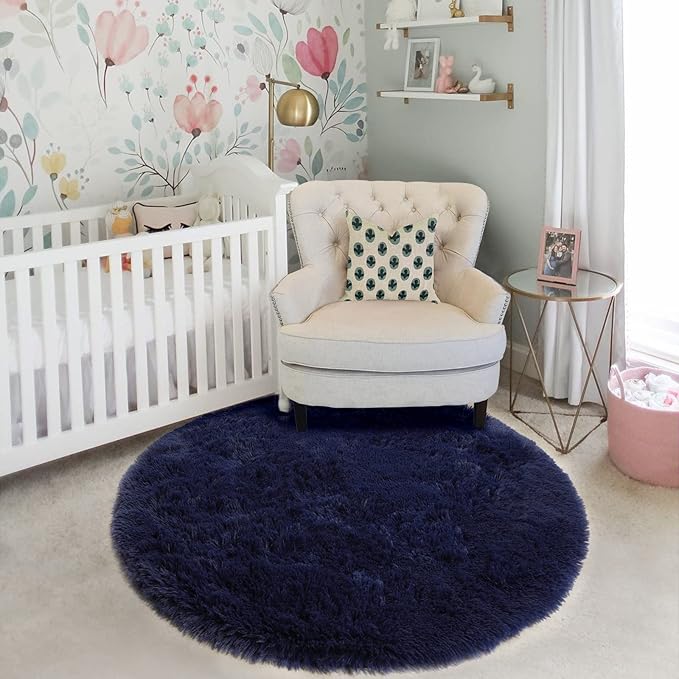 Dark Navy Round Rug 6Ft for Living Room Boys Bedroom, Fluffy Furry Fuzzy Plush Circle Area Rugs for Kids Room Decor Aesthetic, Indigo Shag Cool Dark Blue Carpet for Classroom Teen Dorm Baby Nursery