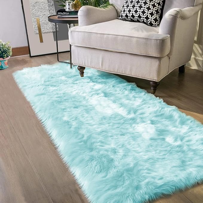 Latepis Blue Runner 2x5 Faux Sheepskin Rug Washable Fur Rug Living Room Carpet Plush Soft Rugs for Bedroom Office Fluffy Shag Rugs Room Decor Runner