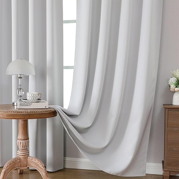 CUCRAF Grayish White Blackout Curtains 63 inch Length 2 Panels Set, Rod Pocket Room Darkening Drapes for Bedroom Living Room, Insulated Thermal Light Blocking Window Curtain (W52 x L63 Inch)