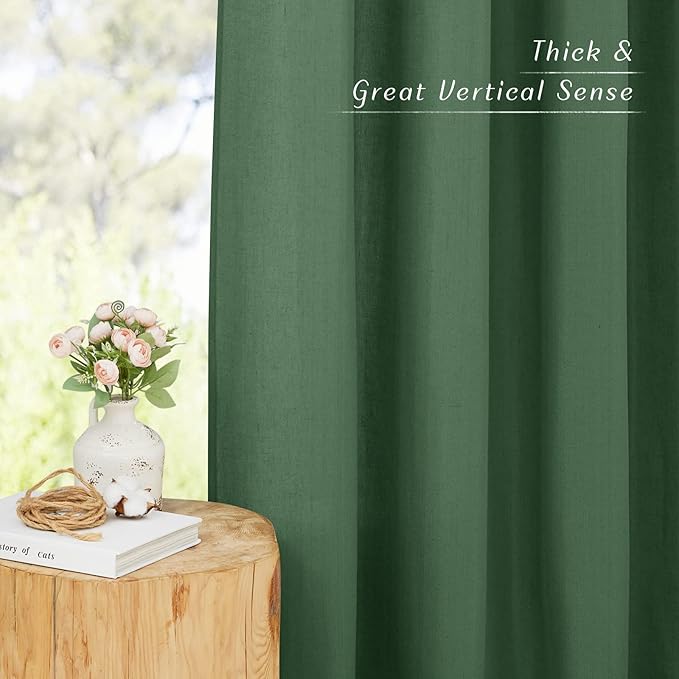 NICETOWN Flax Olive Green Linen Curtains for Room Divider, Grommet Top Thick Flax Semi Sheer Vertical Drapes Privacy Assured with Light Filtering for Sliding Glass Door, W68 x L84, 2 Pieces