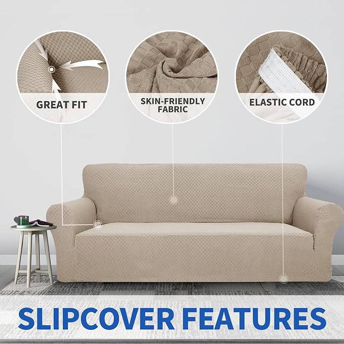 ZNSAYOTX 1 Piece Jacquard Couch Covers for 3 Cushion Couch High Stretch Sofa Cover for Pets Dogs Anti Slip Extra Large Sofa Slipcovers Furniture Protector (XL Sofa, Khaki)