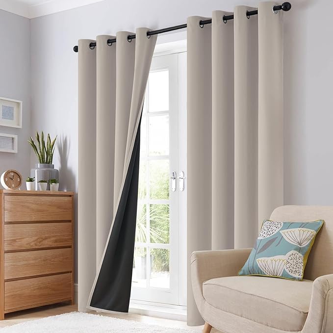 SimpleHome 100% Blackout Curtains for Bedroom,Thermal Insulated Natural Grommet Window Drapes Room Darkening Curtains for Living Room with Black Back,52 x 63 Inch,2 Panels