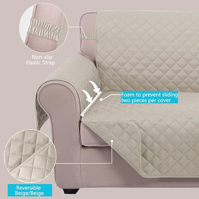 U-NICE HOME Recliner Chair Covers Reversible Chair Cover Pet Covers for Dogs with Elastic Straps Water Resistant Diamond Quilted (23''Armchair, Beige/Beige)