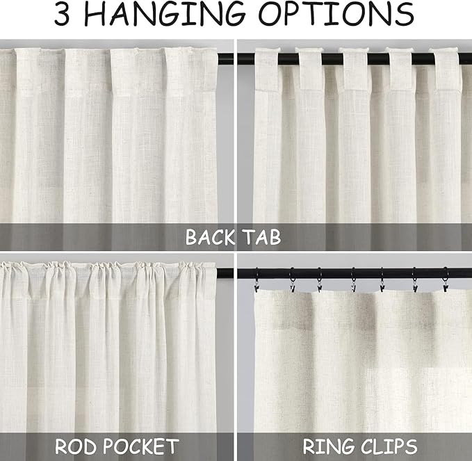 Nanspring Cream 80 inch Linen Curtains for Doorway Semi Sheer Light Filtering Curtains Panels Back Tab and Rod Pocket Modern Neutral for Bedroom Living Room 34 x 80 Inch, 2 Panels