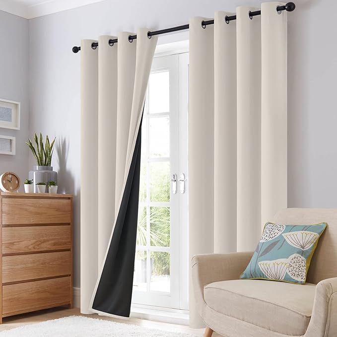 SimpleHome 100% Blackout Curtains for Bedroom,Thermal Insulated Grommet Window Drapes Room Darkening Cream Curtains for Living Room with Black Back,42 x 63 Inch,2 Panels