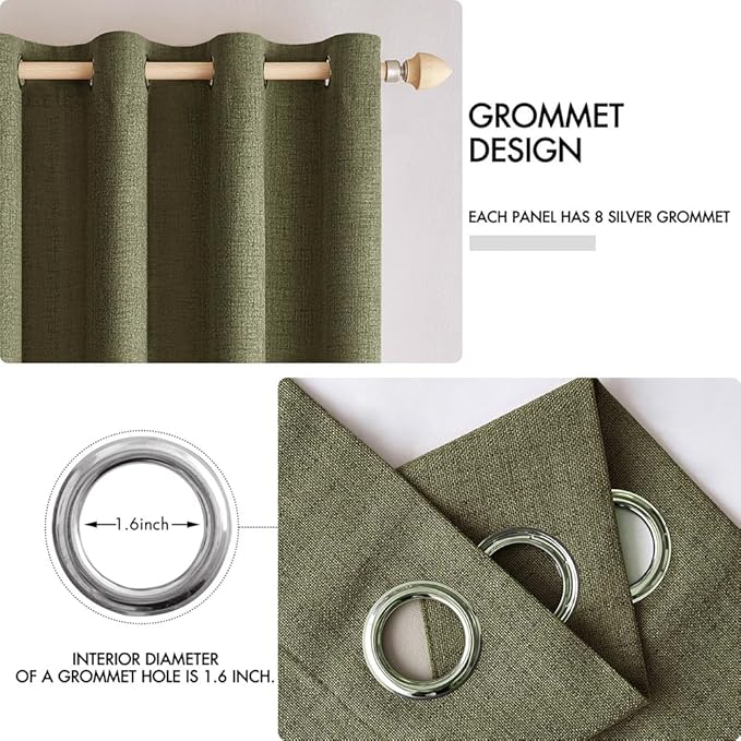 MIULEE Linen Texture Curtains for Bedroom Solid 100% Blackout Thermal Insulated Light Olive Green Curtains Grommet Room Darkening Drapes for Living Room Nursery 52x72 Inch (2 Panels)