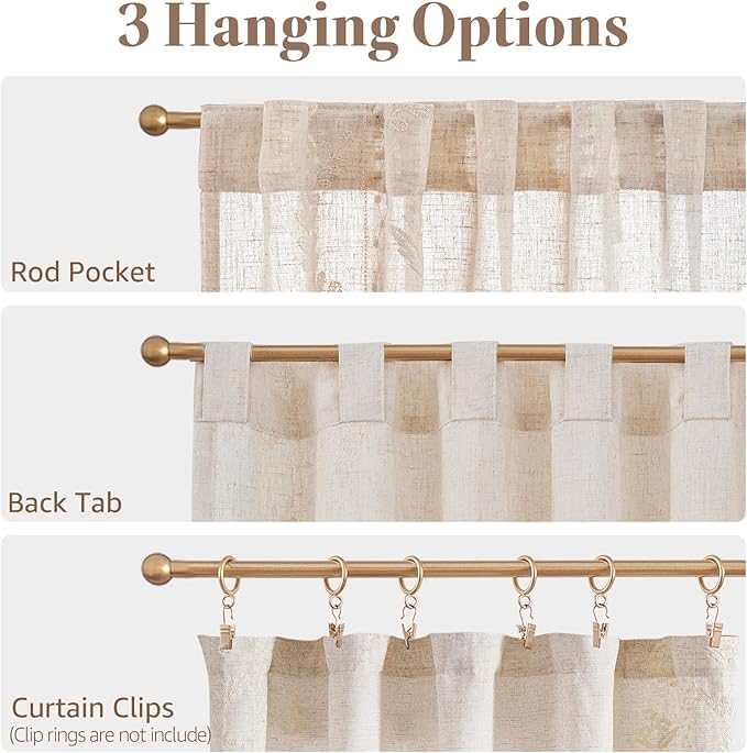 jinchan Belrose Linen Floral Kitchen Curtains 24 inch Length Embroidered Farmhouse Cafe Curtains for Living Room Bathroom Small Windows Curtain Set Sheer Light Filtering 2 Panels Ivory