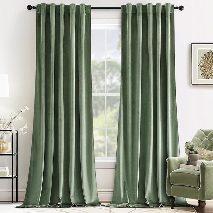 MIULEE Sage Green Velvet Curtains 96 inches Long - Luxury Blackout Curtains for Bedroom Living Room Thermal Insulated Super Soft Window Drapes Back Tab Rod Pocket, W52 x L96 inches, 2 Panels
