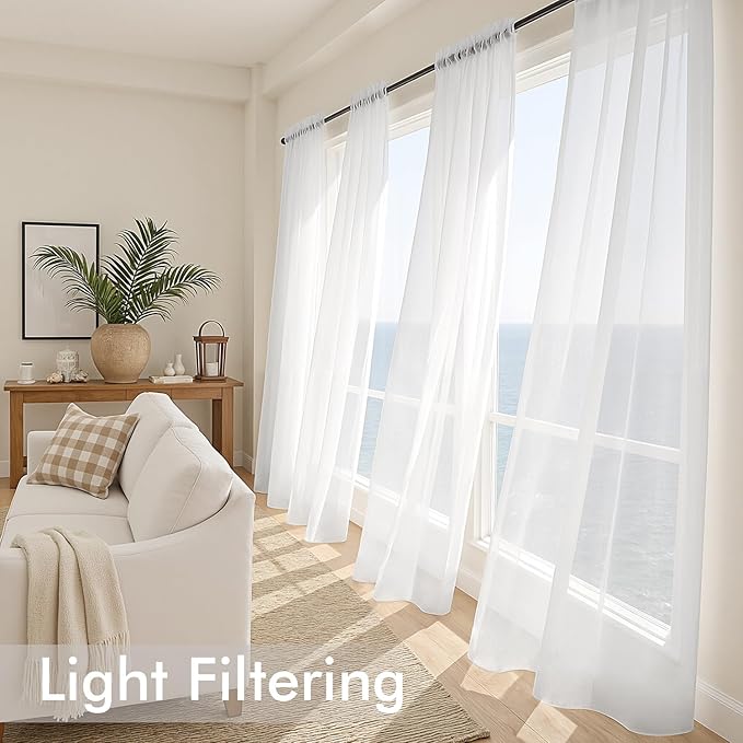 MIULEE White Sheer Curtains 90 Inches Long, 4 Panels Set, Light Filtering Rod Pocket Voile Drapes for Living Room and Bedroom, Airy Soft Fabric Window Treatments, 54 x 90 Inches