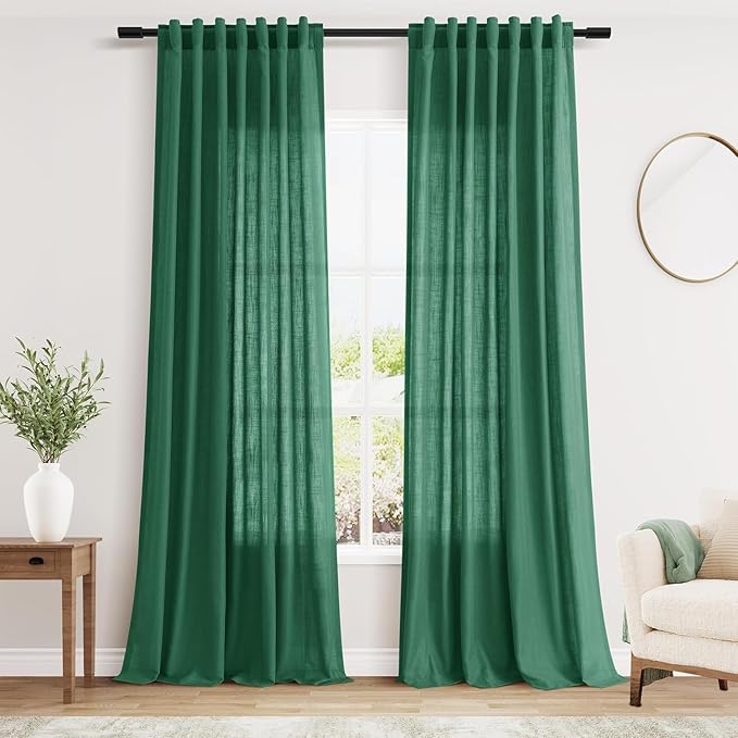 Extra Long Dark Green Linen Curtains 120 Inch for Living Room 2 Panels Set Rod Pocket Back Tab Linen Window Drapes Semi Sheer Light Filtering Privacy High Ceiling Drapes for Farmhouse 52x120