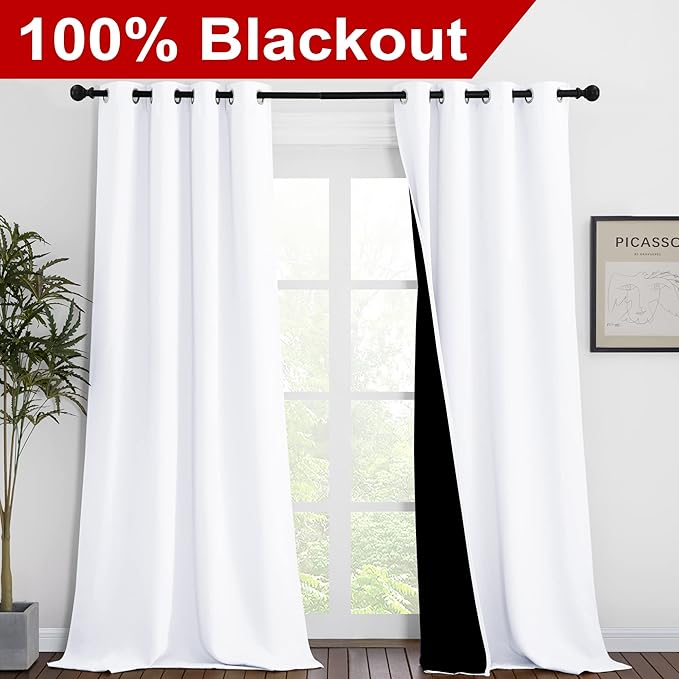 NICETOWN White 100% Blackout Curtains for Windows, Pack of 2, 46" W x 102" L, Super Heavy-Duty Black Lined Total Darkness Drapes for Bedroom, Privacy Assured Window Treatment for Patio