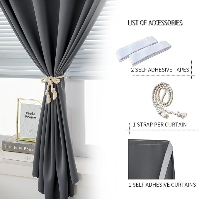 Magic Tape Blackout Curtains for Bedroom No Drillng Self Adhesive Curtains No Rod Small Window, 47" W X 96" L, Grey, 1 Panel