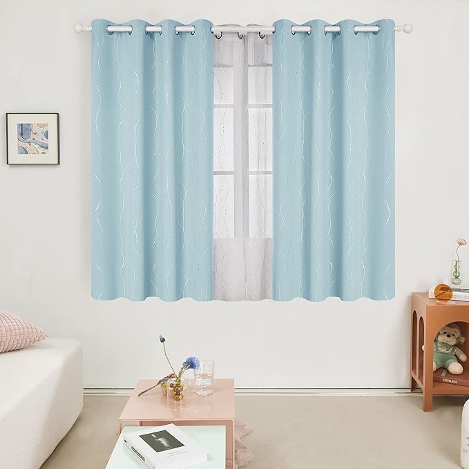 Deconovo Blackout Curtains, Thermal Insulated Soundproof Grommet Drapes, Wave Dot Foil Print, 52 x 45 Inch, Set of 2, Machine Washable Window Panel for Bedroom Living Room Nursery Kitchen, Light Blue