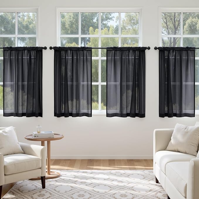 MIULEE Short Sheer Curtains 45 Inches Long, 4 Panels Set, Light Filtering Rod Pocket Curtains for Kitchen/Bathroom Small Windows, 42W x 45 Inches, Black