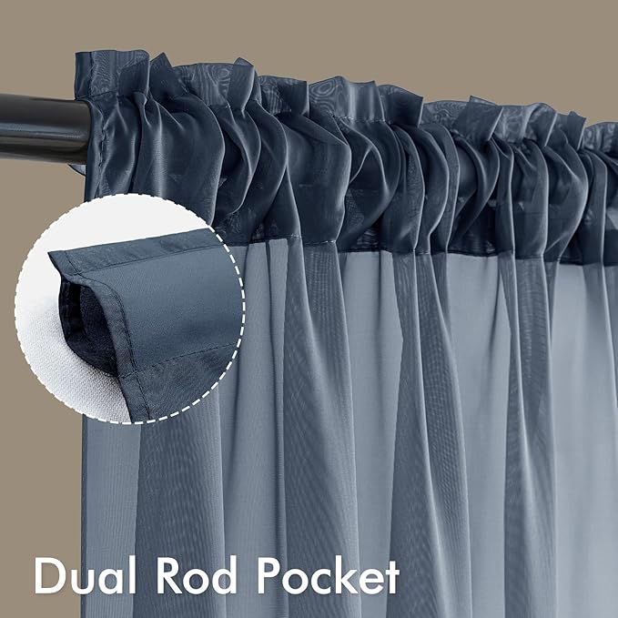 MIULEE Navy Blue Sheer Curtains 108 Inches Long, 4 Panels Set, Light Filtering Rod Pocket Voile Drapes Window Treatments, Semi Transparent Airy Fabric for Bedroom and Living Room, 54 x 108 Inches
