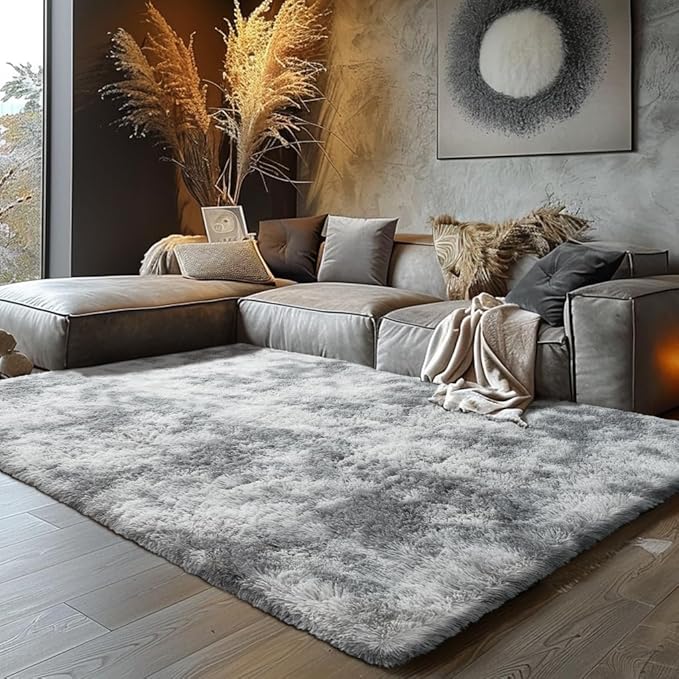 Shag Area Rugs for Bedroom Living Room,8X10 Ultra Soft Fluffy Area Rugs for Dorm, Indoor Carpet Nursery Rugs for Kids Girls Room Home Decor,Tie-Dye Grey