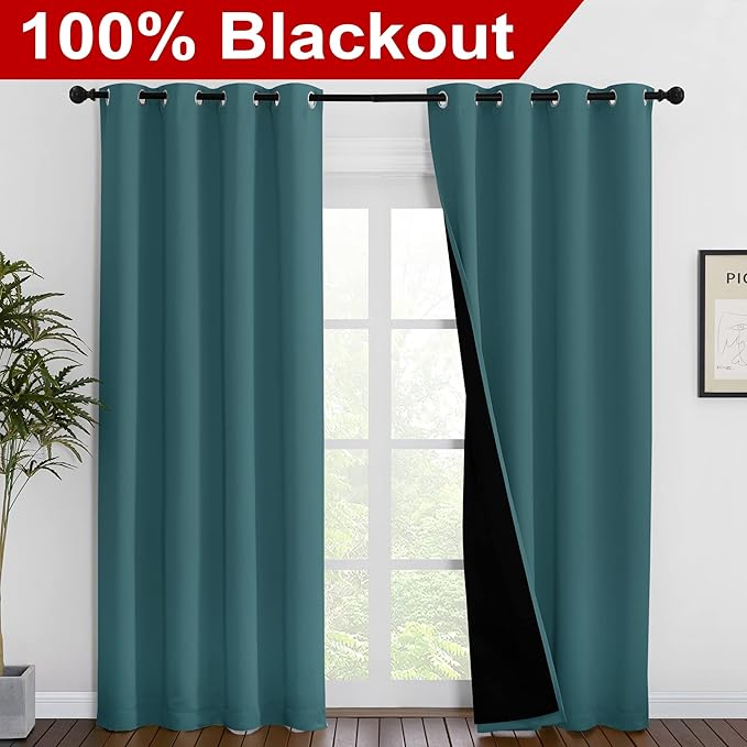 NICETOWN Complete 100% Blackout Curtain Set, Thermal Insulated & Energy Efficiency Window Draperies for Guest Room, Full Shading Panels for Shift Worker and Light Sleepers, Sea Teal, 55W x 86L, 2 PCs
