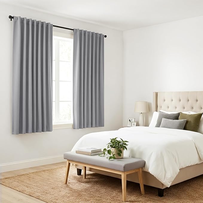 PONY DANCE Gray Blackout Curtains - Window Treatments Thermal Insulated Light Blocking Drapes Back Tab/Rod Pocket Short Curtain Panels for Bedroom & Kitchen, 42 W x 45 L, Silver Grey, 1 Pair