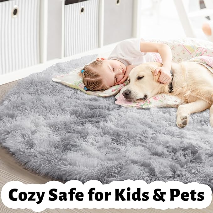Amdrebio Tie-Dyed Light Grey Round Area Rugs for Living Room, 6x6 Ft, Soft Large Circle Rugs for Bedroom, Big Shag Fluffy Fuzzy Carpet for Kids Room, Modern Floor Circular Rug, Furry Farmhouse Rug