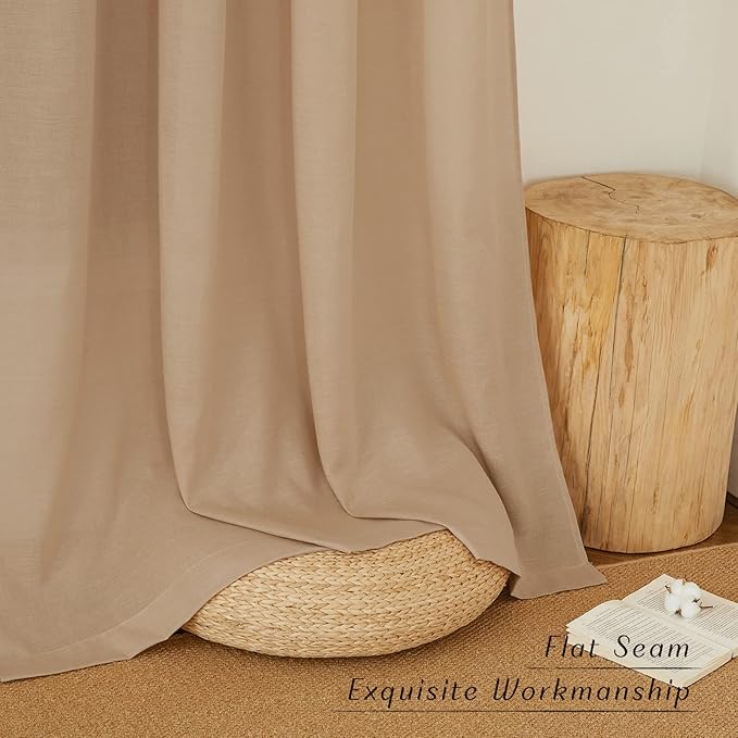 NICETOWN Linen Curtains for Windows 90 inch Long, Grommet Semi Sheer Vertical Drapes Privacy Added with Light Filtering for Doorway/Living Room, Camel, W42 x L90, 2 Pieces