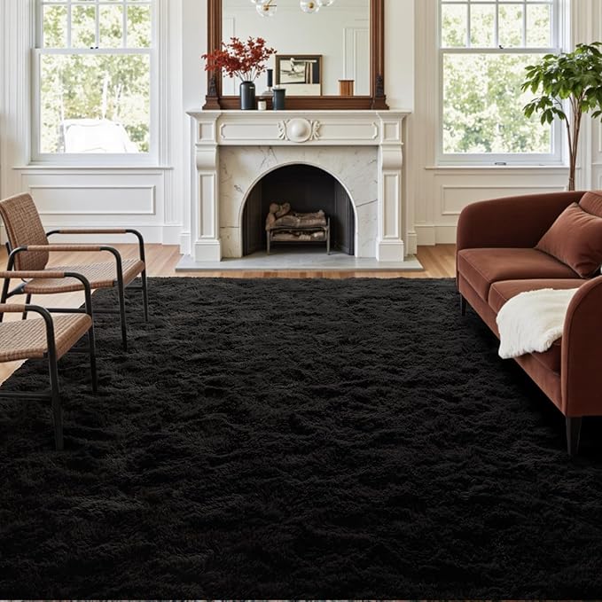 5x7 Ft Shag Black Rug for Bedroom, Tie Dyed Ultra Soft Fluffy Furry Area Rugs for Living Room Indoor Floor, Aesthetic Carpet for Kids Home Decor