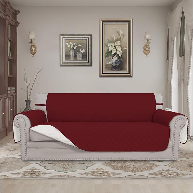 Easy-Going Reversible Couch Cover for 3 Cushion Couch Sofa Cover for Dogs Water Resistant Furniture Protector Cover with Foam Sticks Elastic Straps for Pet Cat (Sofa, Christmas Red/Ivory)