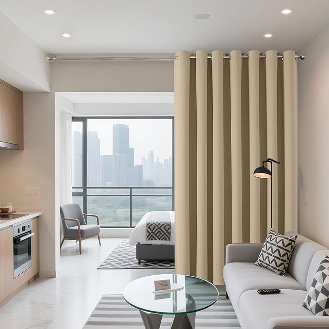 Joydeco Blackout Patio Sliding Door Curtains 84 Inches Long, Grommet Privacy Room Divider Curtains, Extra Wide Thermal Blackout Drapes for Bedroom Living Room (Light Beige, 80Wx84L, 1 Panel)