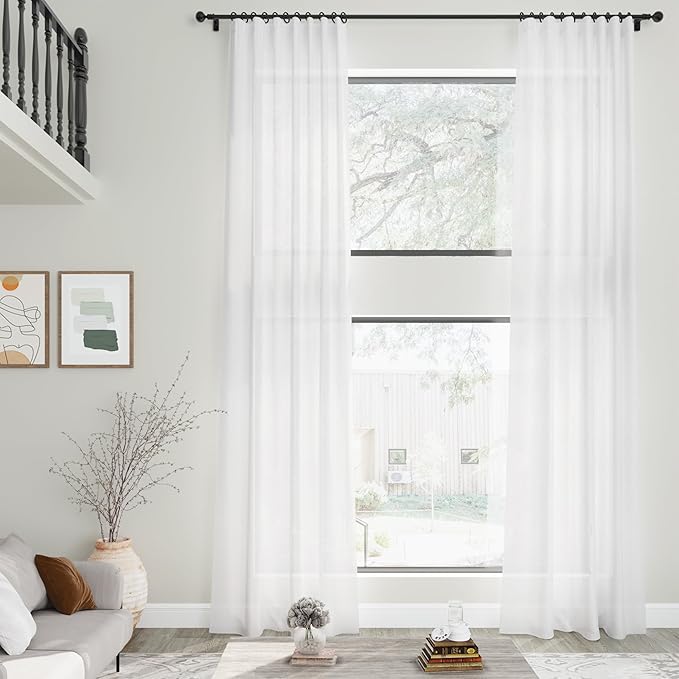Nanspring White Extra Long Curtain 130 inches Long 2 Panels Set for Living Room Back Tab Modern Farmhouse Coastal Decor Cotton Textured White Sheer Linen Curtains for High Window 52x130