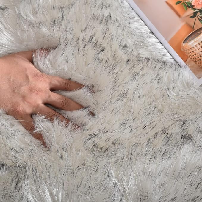 ORINOVA Grey and White Plush Shag Washable Rugs for Bedroom Faux Sheepskin Fur Furry Carpet for Living Room 2x6 Nursery Rug Runner