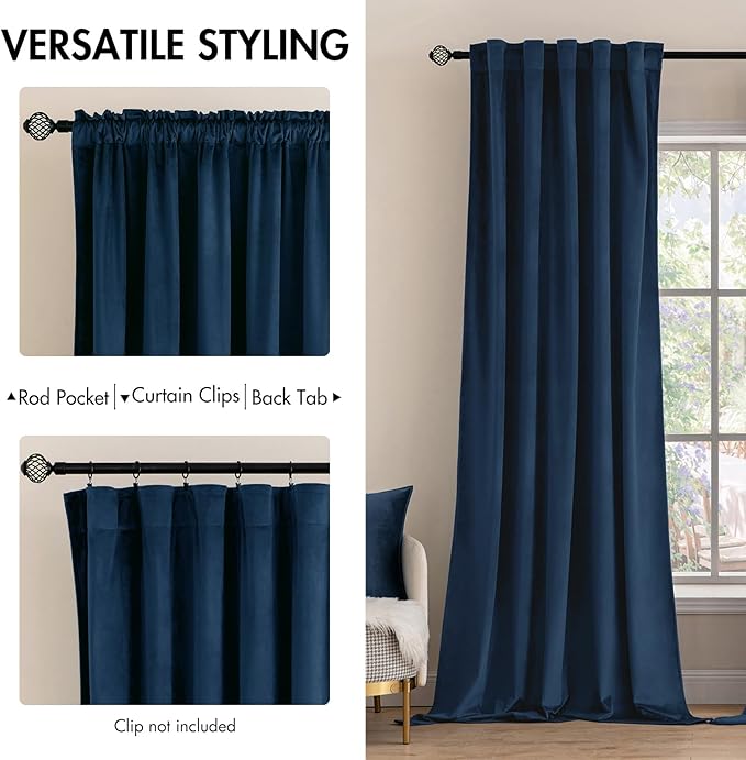 MIULEE Velvet Curtains 90 inches - Luxury Blackout Curtains for Bedroom Living Room Thermal Insulated Super Soft Window Drapes Rod Pocket & Back Tab, Navy Blue, W52 x L90 inches, 2 Panels