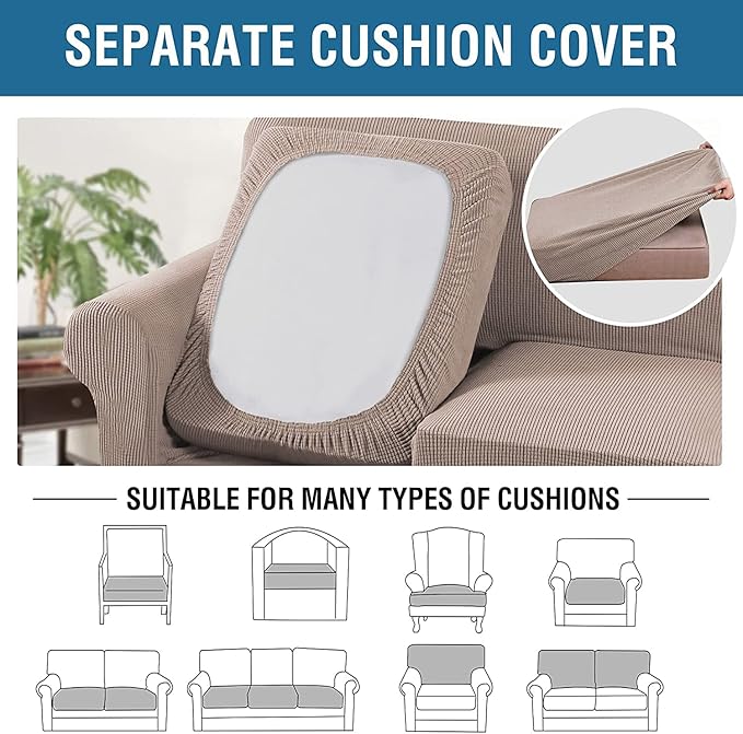 H.VERSAILTEX 3 Piece Stretch Sofa Covers for 2 Cushion Loveseat Couch Covers for Living Room Furniture Cover (Base Cover Plus 2 Seat Cushion Covers) Thicker Jacquard Fabric(Medium Sofa, Sand)