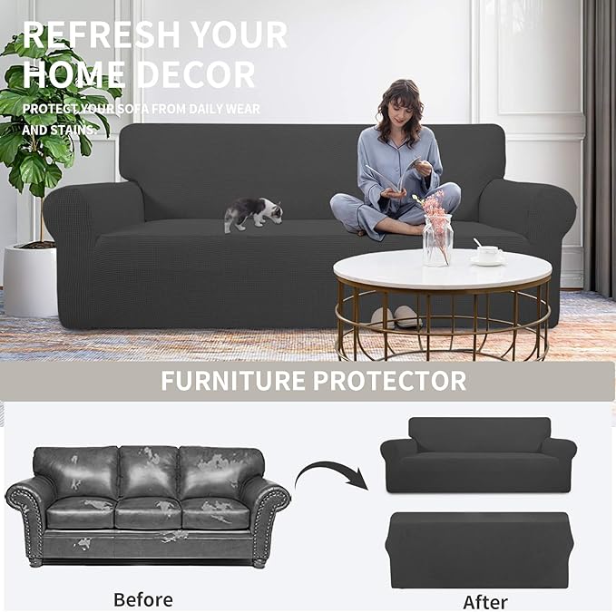 Easy-Going Stretch Sofa Slipcover 1-Piece Sofa Cover Furniture Protector Couch Soft with Elastic Bottom for Kids, Polyester Spandex Jacquard Fabric Small Checks (Sofa, Dark Gray)
