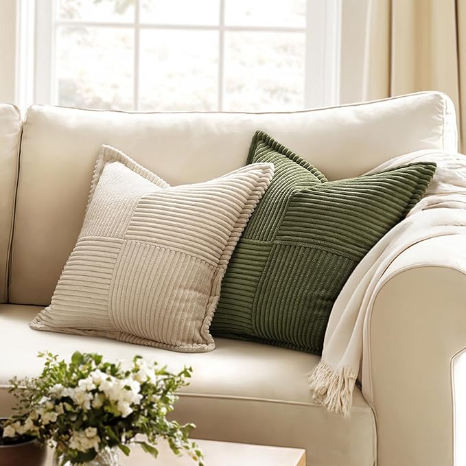 MIULEE Spring Decorative Throw Pillow Covers for Couch Bed Livingroom 18x18 Inch Set of 2 Olive Green Boho Accent Throw Pllows Broadside Striped Patchwork Soft Corduroy Summer Pillowcases