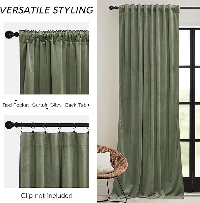 RYB HOME Sage Green Velvet Curtains with Hook Tape, Thermal Insulated Privacy Protect Decorative Drapes for Home Theater, W 62 x L 84 inches, 2 Panels Set