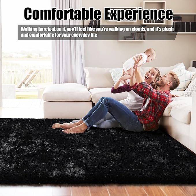 Shag Area Rug for Bedroom 5x8,Black Fluffy Area Rugs for Living Room,Soft Fuzzy Rug Non-Shedding Indoor Plush Carpet for Kids Bedroom Nursery Dorm Home Decor
