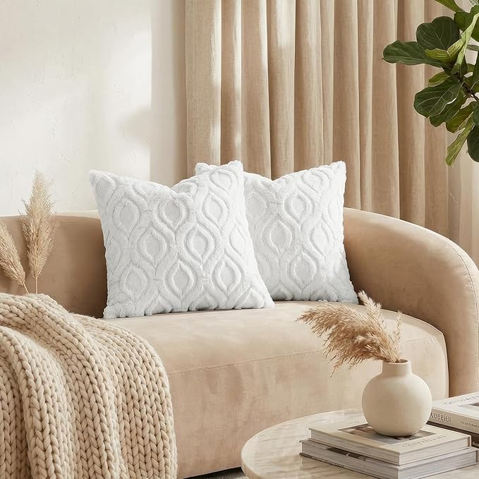 decorUhome Throw Pillow Covers 18x18 Inch Set of 2, Soft Plush Faux Wool White Solid Couch Pillow Covers, Accent Farmhouse Neutral Square Pillow Cases for Sofa Bed Living Room