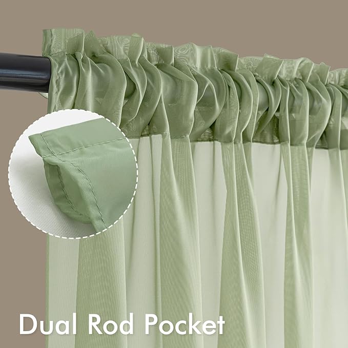 MIULEE Sage Green Sheer Curtains 96 Inches Long, 4 Panels Set, Light Filtering Rod Pocket Voile Drapes Window Treatments, Semi Transparent Airy Fabric for Bedroom and Living Room, 42 x 96 Inches