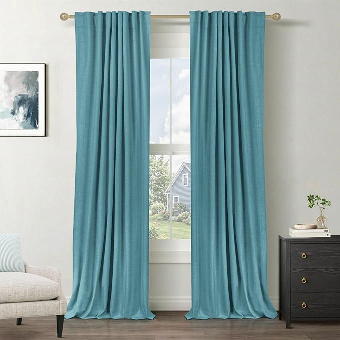 100% Blackout Shield Linen Blackout Curtains for Bedroom 108 Inches Long, Back Tab/Rod Pocket Living Room Drapes, Thermal Insulated Blackout Curtains 2 Panels Set, 50" W x 108" L, Dark Cyan
